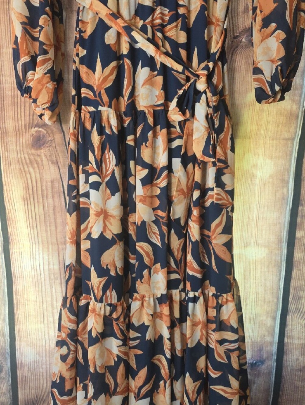 Flying Tomato Large Navy  Dress with Cream & Tan Floral Print - Picture 3 of 14